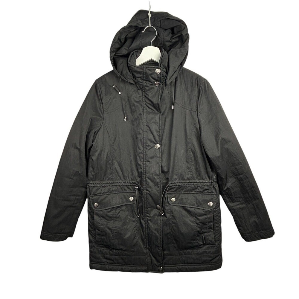 London Fog Women S Black Hooded Parka Winter‎ Coat Quilted Lined Removable Hood